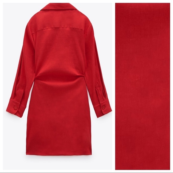 NWT. Zara Red Draped Linen Blend Mini V-neckline Dress. Size L. - Picture 4 of 7